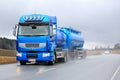 Blue Renault Premium 460 Tank Truck in Rainy Conditions Royalty Free Stock Photo